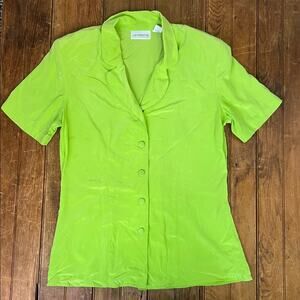 Vintage 90s women’s silk shirt short sleeve bright lime Green Button-Down size 8